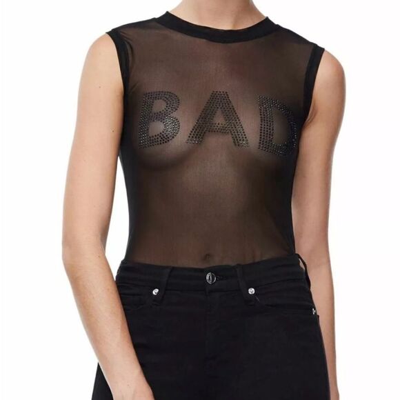 NWOT New Good American Good Body Bad Girl Black Rhinestone Sheer Bodysuit Small - Picture 1 of 13